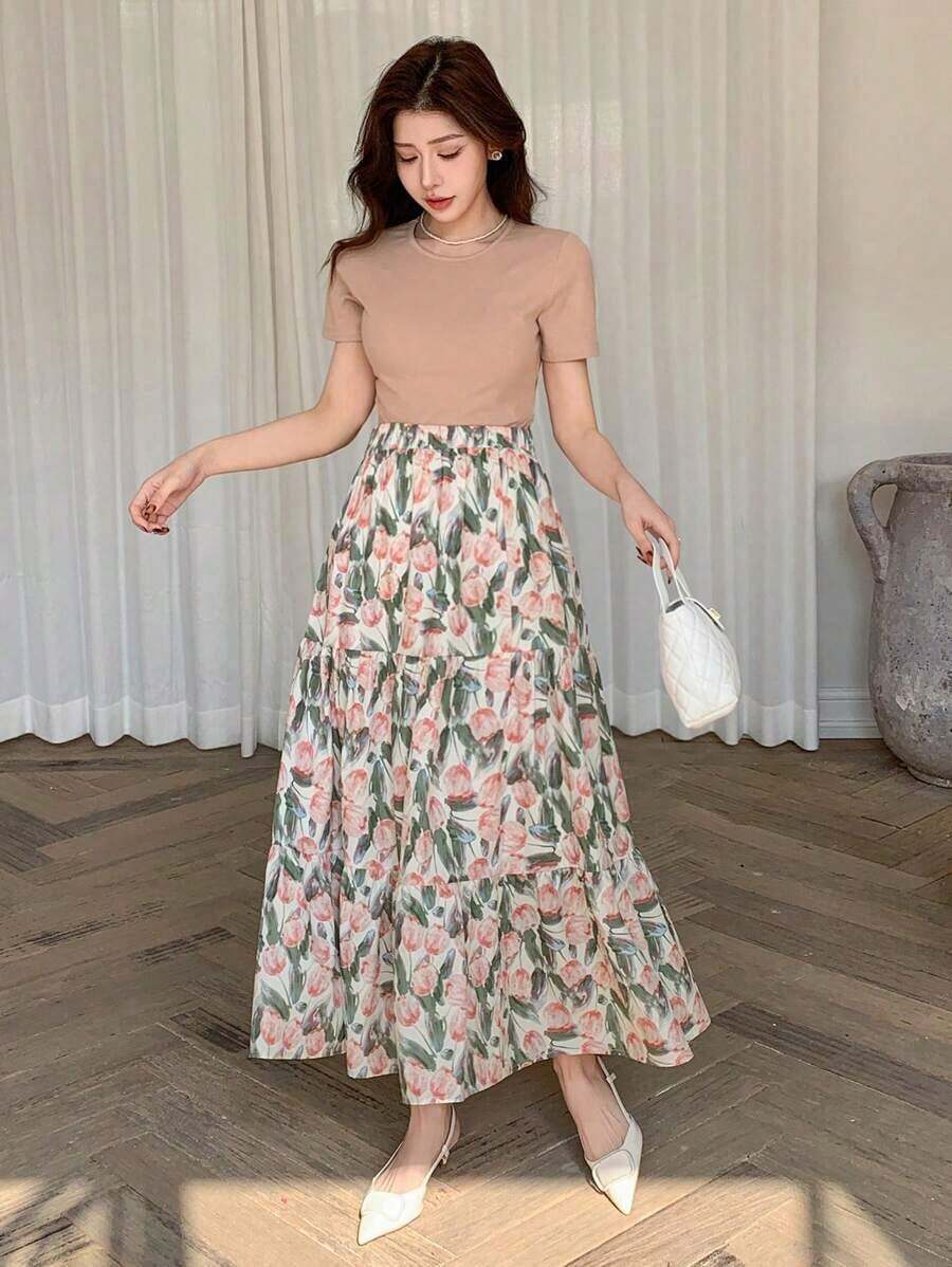 Set de 2 piezas con camiseta de unicolor y falda con estampado floral para mujer, ropa de vuelta al colegio y atuendos de vacaciones estilo bohemio - Rosa - Ver 1