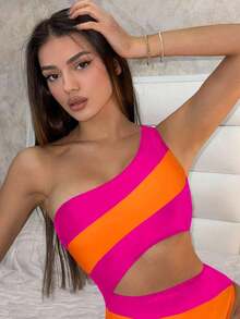 Traje de baño de una pieza con bloque de color y un solo hombro para mujer, ideal para nadar, vacaciones y playa en verano - Multicolor - Ver 4
