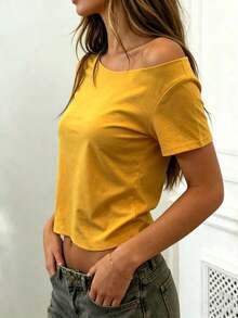 Camiseta casual de uso diario con hombro asimétrico de unicolor para mujer - Amarillo - Ver 3