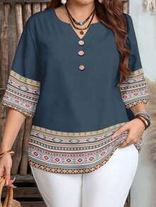 Camisa casual de mujer con cuello en V y botones, de manga corta y estampado geométrico - Multicolor 8 - Ver 7