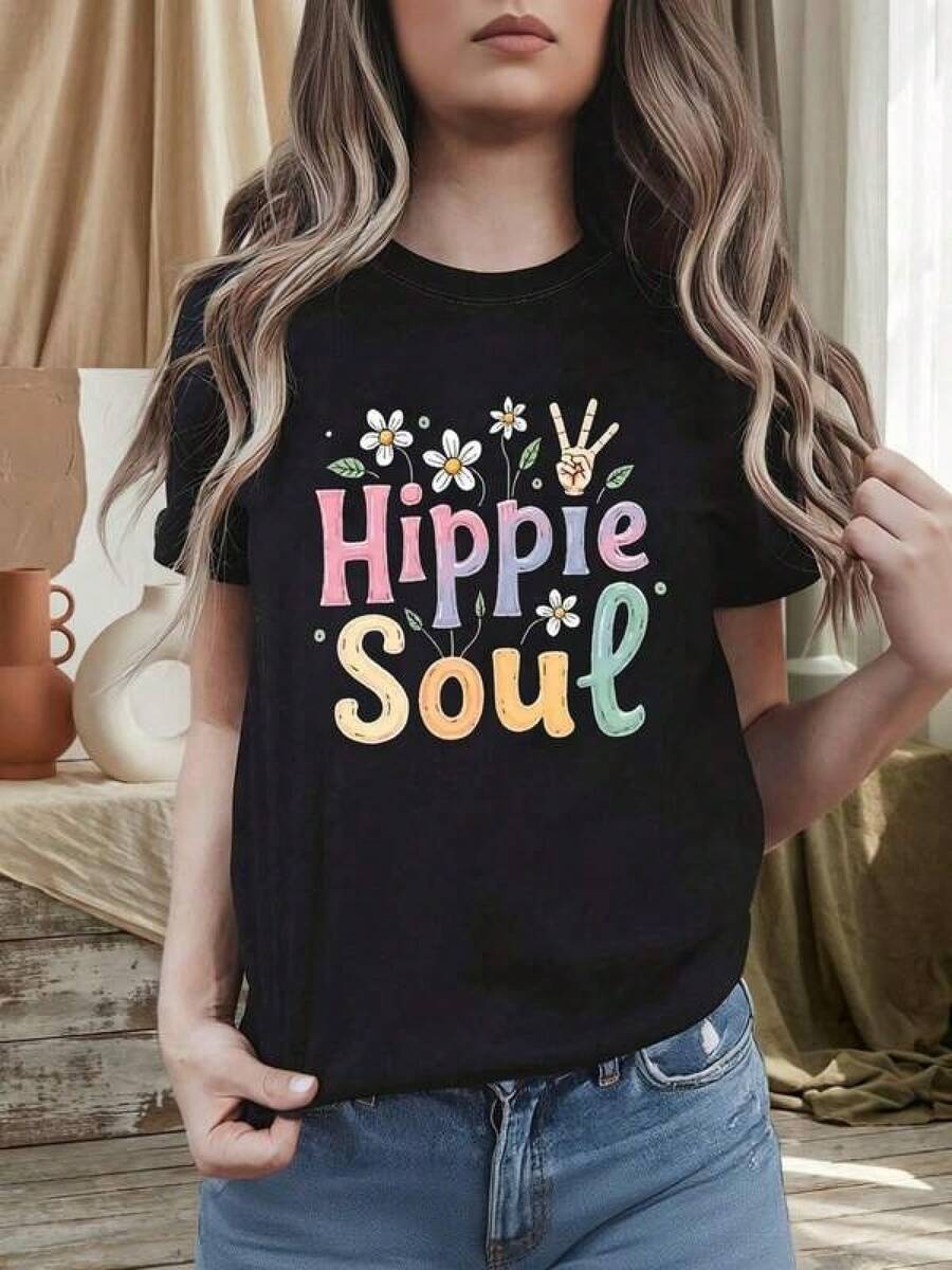 1pc Camisetas Para Mujer Camiseta Hippie Soul y2k con diseño colorido de flores y signos de paz perfecta para expresar tu estilo único y vibrante ideal para cualquier ocasión y para quienes aman la moda retro en México Camiseta De Manga Corta De Algodón - Negro - Ver 1