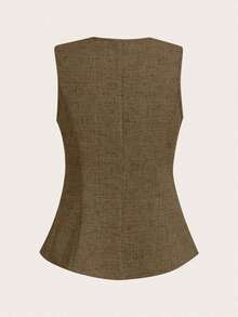 Blusa sin mangas con botones de metal en forma de rosa, estilo francés, para uso casual y de oficina, blusa de verano de alta gama - Marrón - Ver 2