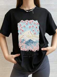 affyou Camiseta de cuello redondo regular de uso diario con estampado gráfico casual para mujer - Negro - Ver 1