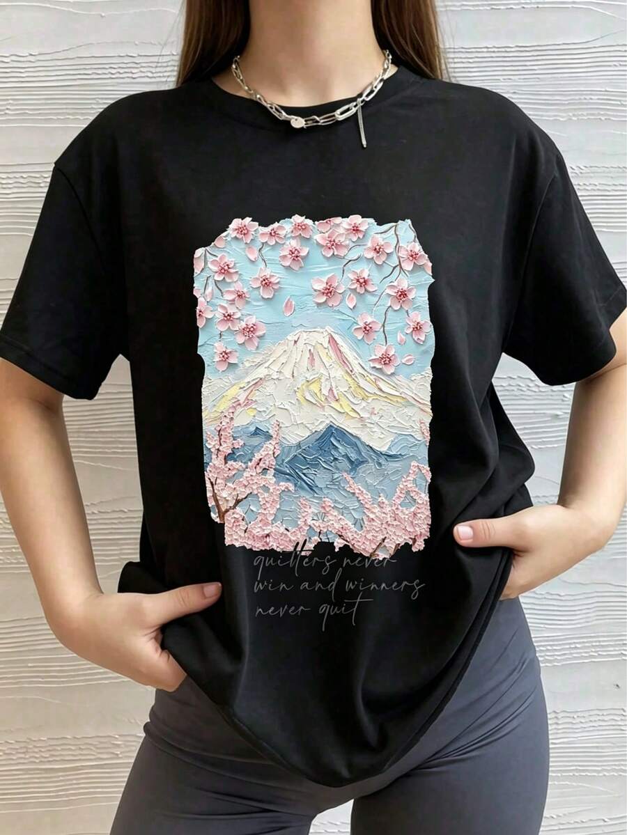 affyou Camiseta de cuello redondo regular de uso diario con estampado gráfico casual para mujer - Negro - Ver 1