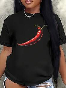 Camiseta de manga corta, ligera y duradera, con un diseño de chiles rojos, es perfecta para uso casual en la cocina o en el restaurante, ofreciendo una experiencia de uso cómoda en el día a día.women's shirts - Negro - Ver 1