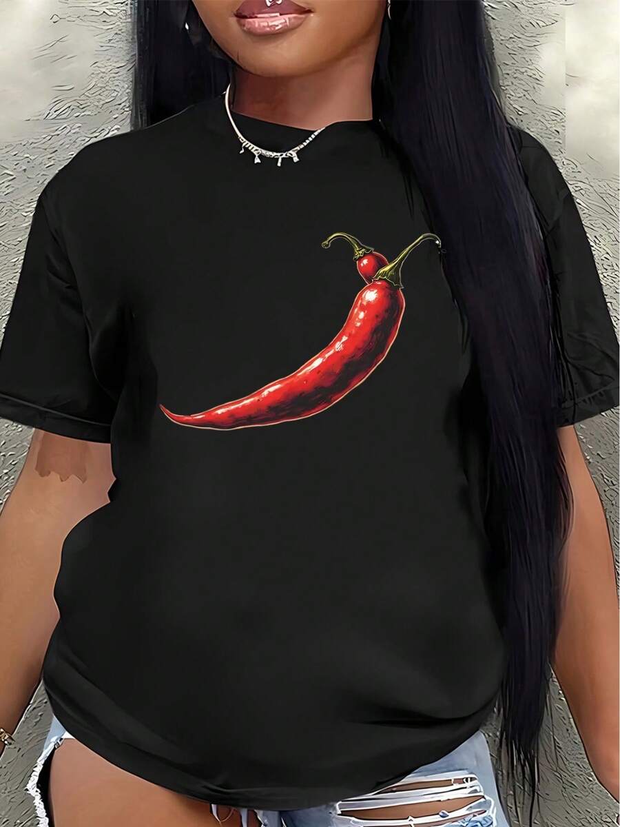 Camiseta de manga corta, ligera y duradera, con un diseño de chiles rojos, es perfecta para uso casual en la cocina o en el restaurante, ofreciendo una experiencia de uso cómoda en el día a día.women's shirts - Negro - Ver 1