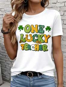 Women's Short-Sleeved T-Shirt In Black And White, 220g, St. Patrick's Day T-Shirt For Women, Ireland Day Gift, Casual T-Shirt With Shamrock And Horseshoe Design, Outdoor Party Gift. - 白色 - 查看 1