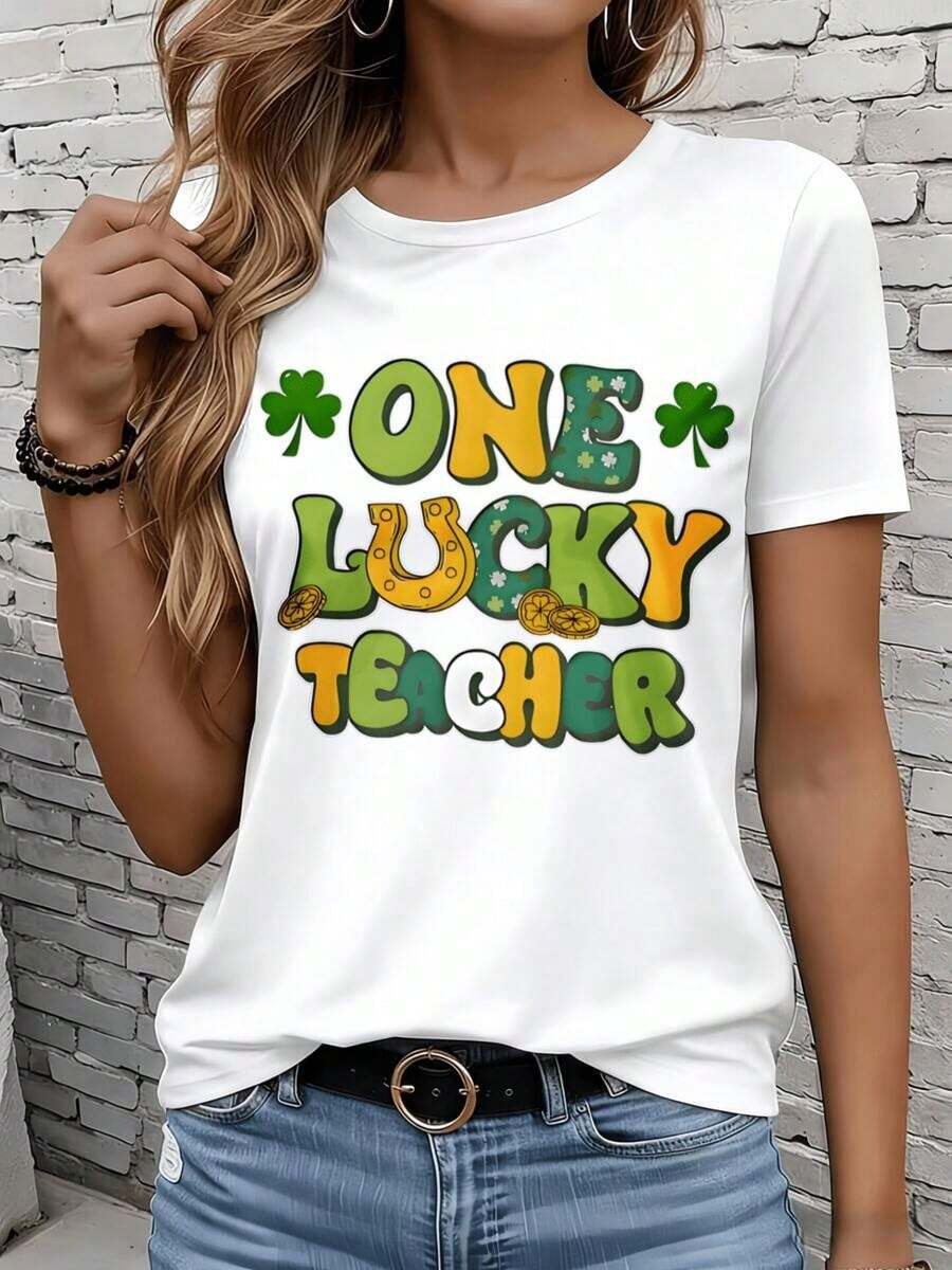 Women's Short-Sleeved T-Shirt In Black And White, 220g, St. Patrick's Day T-Shirt For Women, Ireland Day Gift, Casual T-Shirt With Shamrock And Horseshoe Design, Outdoor Party Gift. - 白色 - 查看 1