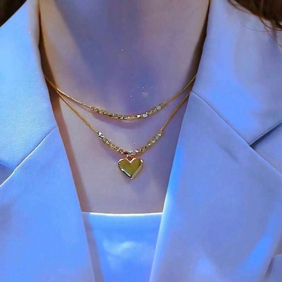 双层光滑十六珠心形项链 - 金色 - 查看 1