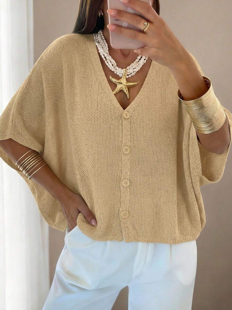 Cárdigan de mujer de manga corta con cuello en V amarillo, botones frontales y mangas acampanadas, elegante y casual para playa, fiesta, apropiado para primavera, verano y otoño - Albaricoque - Ver 1