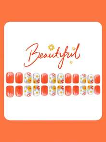 24pcs Cute Square Pressed Artificial Nails, Orange Short Style With Floral Pattern, Acrylic Material Presenting French Manicure Effect, Suitable For Coffin Nail Shape - View 3