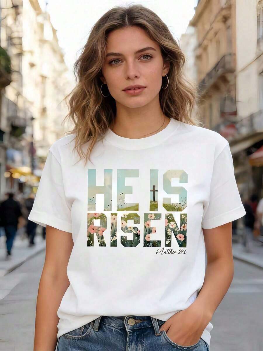 Gift: 1 White Women's T-Shirt With Cross Floral Print, Round Neck, Casual Cotton T-Shirt, Medium Elasticity Knit Fabric, Regular Fit For Ladies, For Spring/Summer/Autumn, Soft. - 白色 - 查看 1