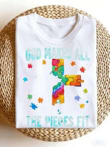 Camiseta de Concientización sobre el Autismo con Cruz Cristiana - Diseño con la frase "Dios hizo todas las piezas para que encajen juntas." Manga corta informal, cuello redondo, 100% algodón - Negro - Ver 8