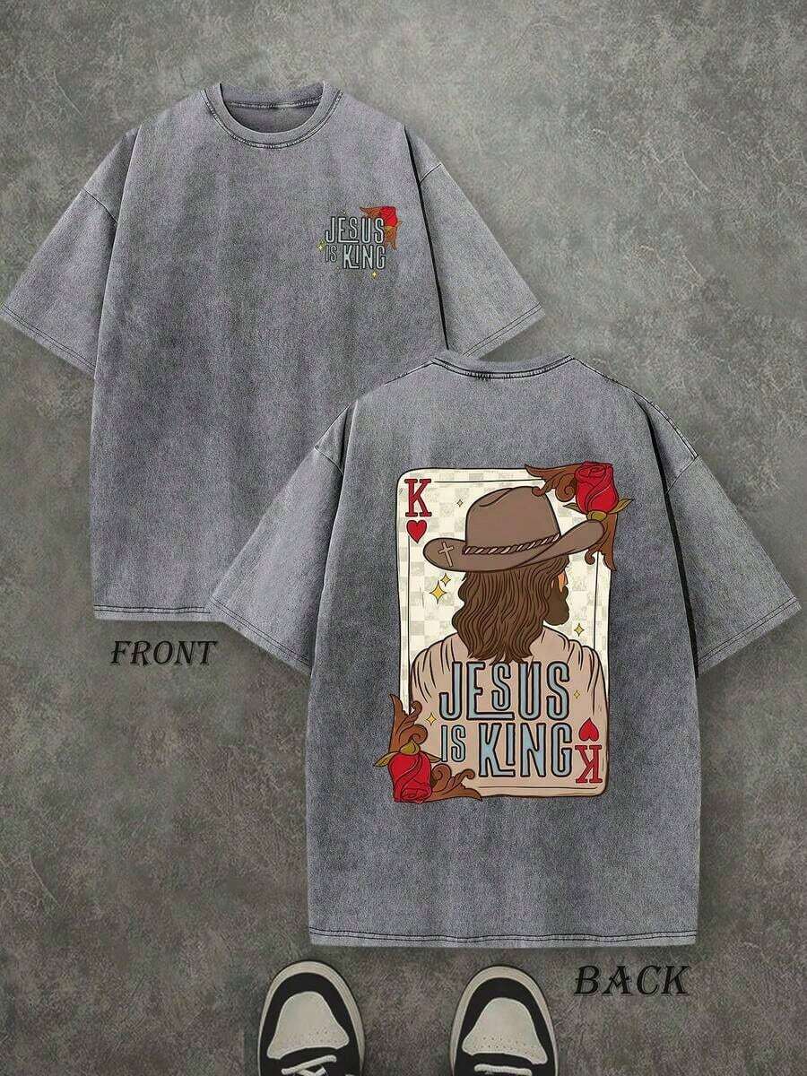 Camiseta Retro Lavada con Estampado a Doble Cara (Camiseta de 230 g de Algodón Puro) con Estampado de Letras y Retrato 'JESUS IS KING', Camiseta para Hombre, Camiseta Casual, Cómoda, a la Moda, Estilo Urbano de Algodón - Gris - Ver 1