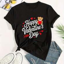 Camiseta de San Valentín Negra con Estampado de Oso de Peluche y Corazón, Estilo Casual para Mujer, Atuendo Romántico para una Cita Nocturna - Estilo Vintage Urbano, Unisex, de Algodón, Manga Corta, Cuello Redondo, Camisetas para Mujer. blusas.blusas casuales para dama.Impresión de osos cariñosos.Camiseta estampada Impresión de osos cariñosos. - Negro - Ver 2