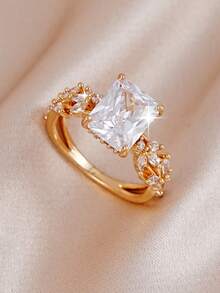 1pc Cubic Zirconia Inlaid Sparkling Ring, Suitable For Women's Daily Wear, Engagement, Wedding - Yellow Gold - View 4