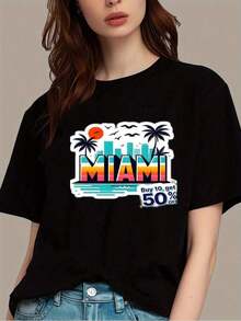 Miami Print T-Shirt, Women's Short Sleeve T-Shirt, Summer Fashion, Unique Urban Style, Comfortable Material - Black - View 1