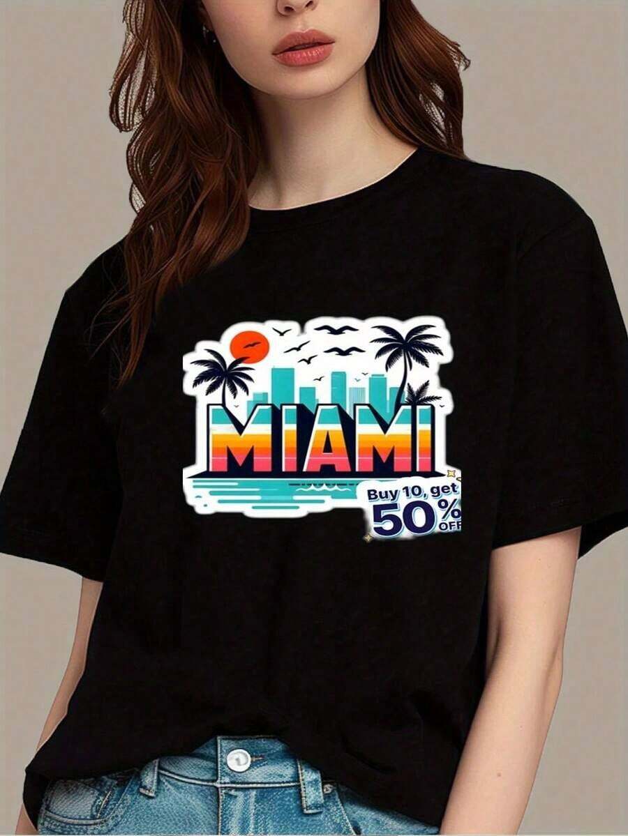 Miami Print T-Shirt, Women's Short Sleeve T-Shirt, Summer Fashion, Unique Urban Style, Comfortable Material - Black - View 1