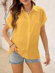 Camisa informal suelta de unicolor de manga corta y abotonadura sencilla para mujeres embarazadas - Amarillo - Ver 3