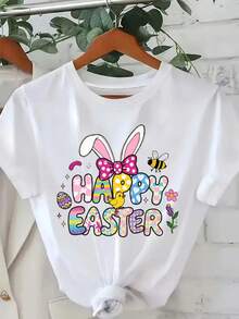 1 Piece <Easter> Elegant Gift For Women, Short-Sleeved T-Shirt With Round Neck And Easter Print For Spring, Summer And Autumn, Versatile Vintage Style Top, Modern And Casual For Work, Holidays And Daily Use, Ideal For Parties, 180g 100% Cotton. - 白色 - 查看 6