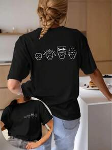 Fashionable Short-Sleeved T-Shirt With Double-Sided Dental Print, Casual Round Neck Short-Sleeved T-Shirt, Women's Clothing. - 黑色 - 查看 1