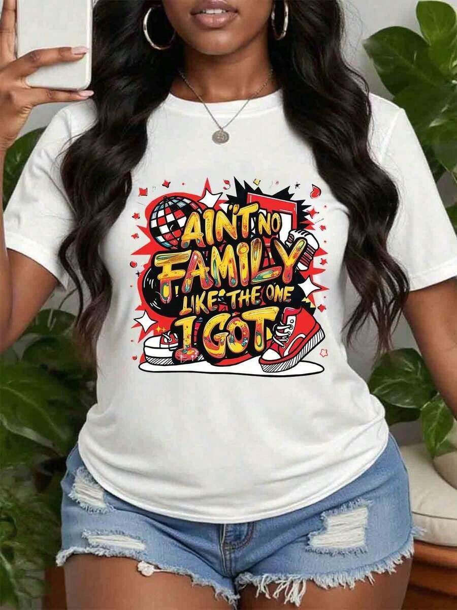 There's No Family Like Mine - Printed T-Shirt, Funny T-Shirt For Family Gatherings, Graphic T-Shirt With The Phrase "There's No Family Like Mine", Alphabet Letter Print T-Shirt, Colorful Elements Pattern T-Shirt, Thanksgiving And New Year Gifts, Thank You T-Shirt For Parents. - 白色 - 查看 1