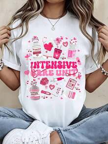 Camiseta Gráfica de la Unidad de Cuidados Intensivos con Diseño de Temática Médica y de Amor para Mujer, con Estampado de Corazón Rosa, Estetoscopio, Pastillas y Medicamentos, Estilo Casual. - Blanco - Ver 2