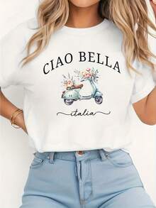 Camiseta de Verano Premium Estampada para Mujer - Camiseta Vintage con Estampado Floral Soccada de CIAO BELLA & ITALIA - Suave, Transpirable, Ligera, Cuello Redondo, Manga Corta, con Frases Italianas y Patrón Soccada, Camiseta Casual de Verano Unisex, Elasticidad Media, Lavable a Máquina. - Blanco - Ver 1