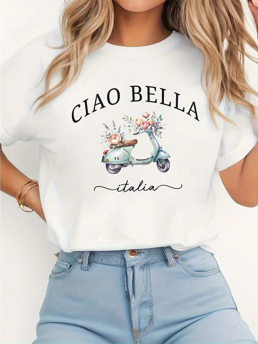 Camiseta de Verano Premium Estampada para Mujer - Camiseta Vintage con Estampado Floral Soccada de CIAO BELLA & ITALIA - Suave, Transpirable, Ligera, Cuello Redondo, Manga Corta, con Frases Italianas y Patrón Soccada, Camiseta Casual de Verano Unisex, Elasticidad Media, Lavable a Máquina. - Blanco - Ver 1