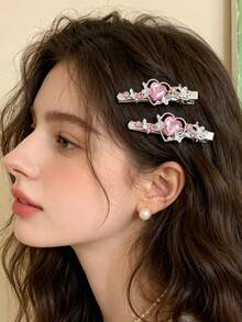2pcs Women Hair Clips, Delicate Sweet Heart Crystal Hair Clips, Elegant Side Bangs Hairpins - Multicolor - View 2