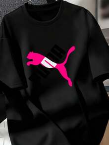 Local Shops, Men's Shirts, Men's Clothing, 180G Black And White Logo T-Shirt, Pink And Black Print, High Quality Print, Crew Neck, Basic Loose Fit, For Men And Women, Breathable, Versatile, Machine Washable, Comfortable, Sizes S ~ 2XL, Daily Wear, Casual, Sporty, Summer Essential. - 黑色 - 查看 8