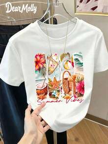 Camiseta de manga corta con cuello redondo y estampado para mujer. Perfecto para citas, desplazamientos diarios y salidas informales. Diseño clásico minimalista de cuello redondo, fácil de combinar y adecuado para todas las formas de cuerpo. - Blanco - Ver 1