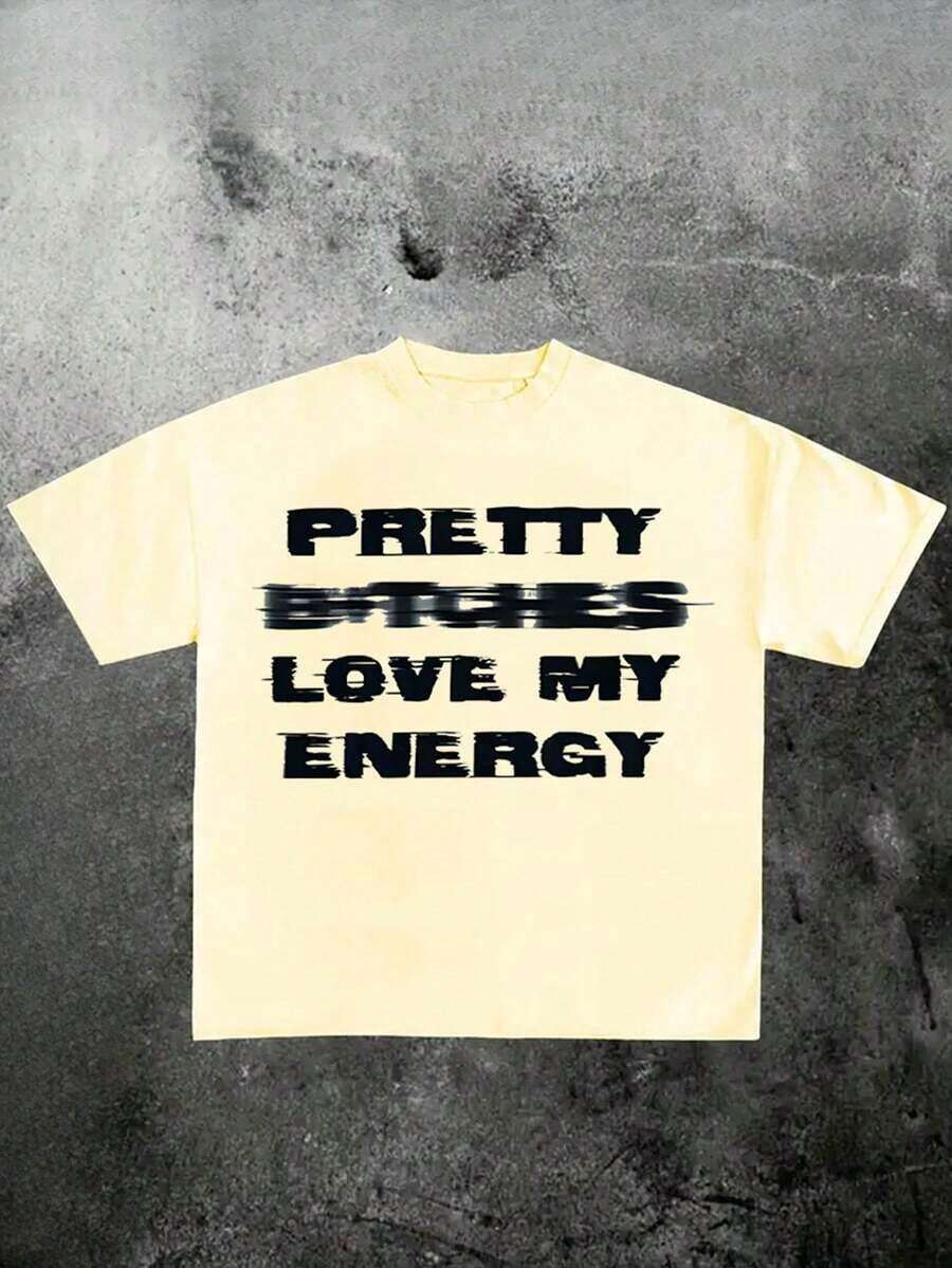 VHUTHK (220 Cotton T-Shirt) For Men, Round Neck, Short Sleeve, Casual, Printed, Y2k Style - 杏色 - 查看 1