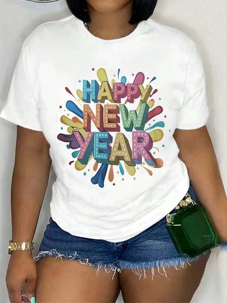 YOUNG, Women's Printed T-Shirt, Casual Short Sleeve Round Neck Top For Spring And Summer, Women's Clothing, Happy New Year 2026 Print - 1 - 1 Women's T-Shirts - 白色 - 查看 1