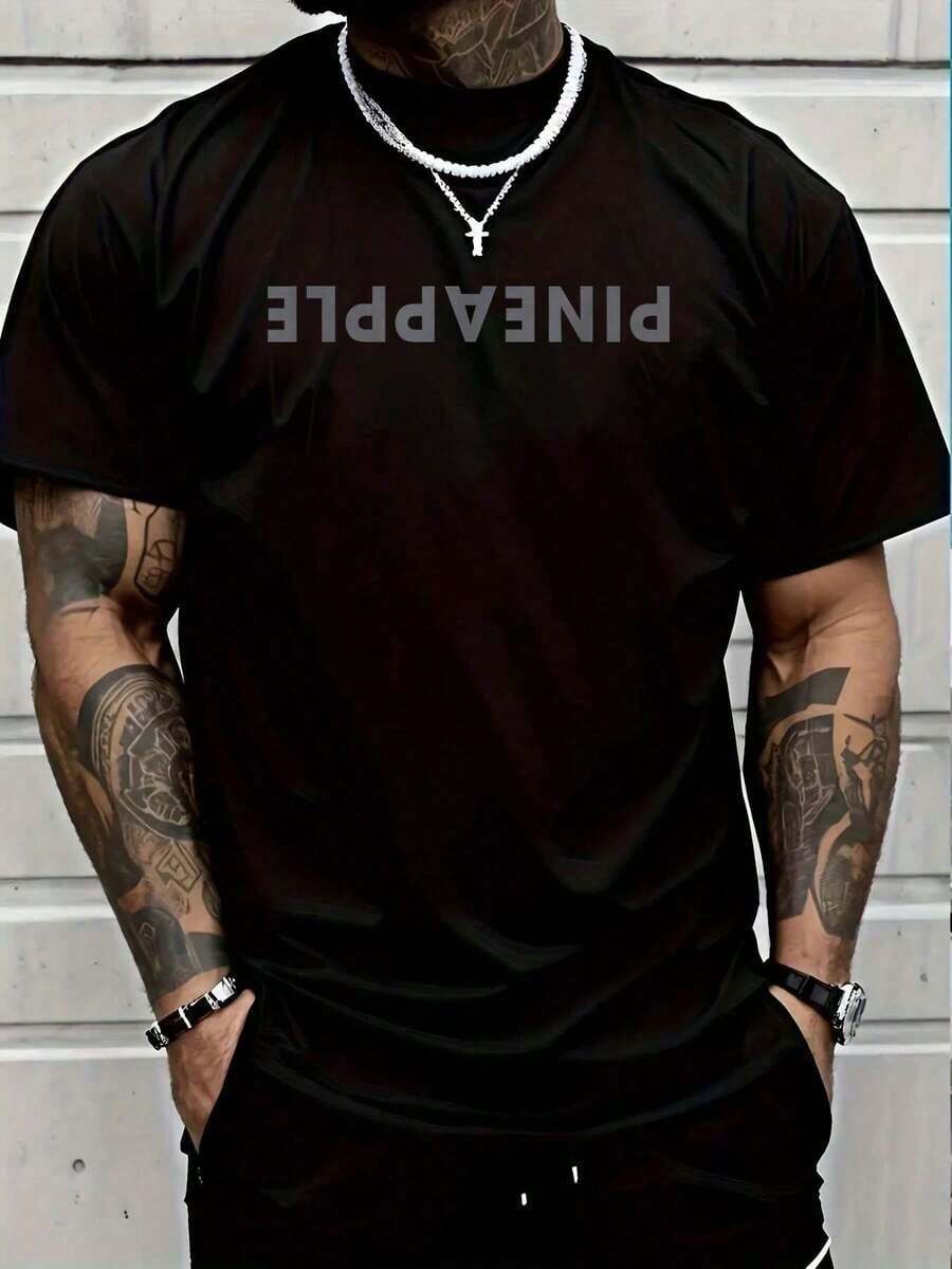 Camiseta Casual 100% Algodón con Diseño de Piña de Lado, Texto Sutil y Bonito, Camiseta Gráfica para Hombre y Mujer - Negro - Ver 1