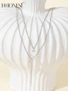 1 pieza Collar de acero inoxidable plateado con circonita, de varios niveles, de estilos versátiles, accesorio de collar minimalista y elegante para fiestas y vacaciones - Plateado - Ver 4