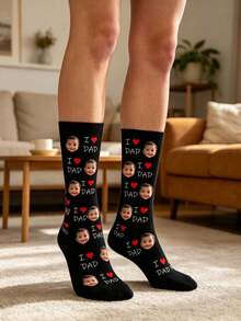 1 pieza Calcetines personalizados con foto para hombres, impresos con el texto "Amo a papá" y la cara del bebé, color negro, hechos de tela elástica suave y cómoda, adecuados para uso diario y como regalo personalizado para el Día del Padre - Negro - Ver 2