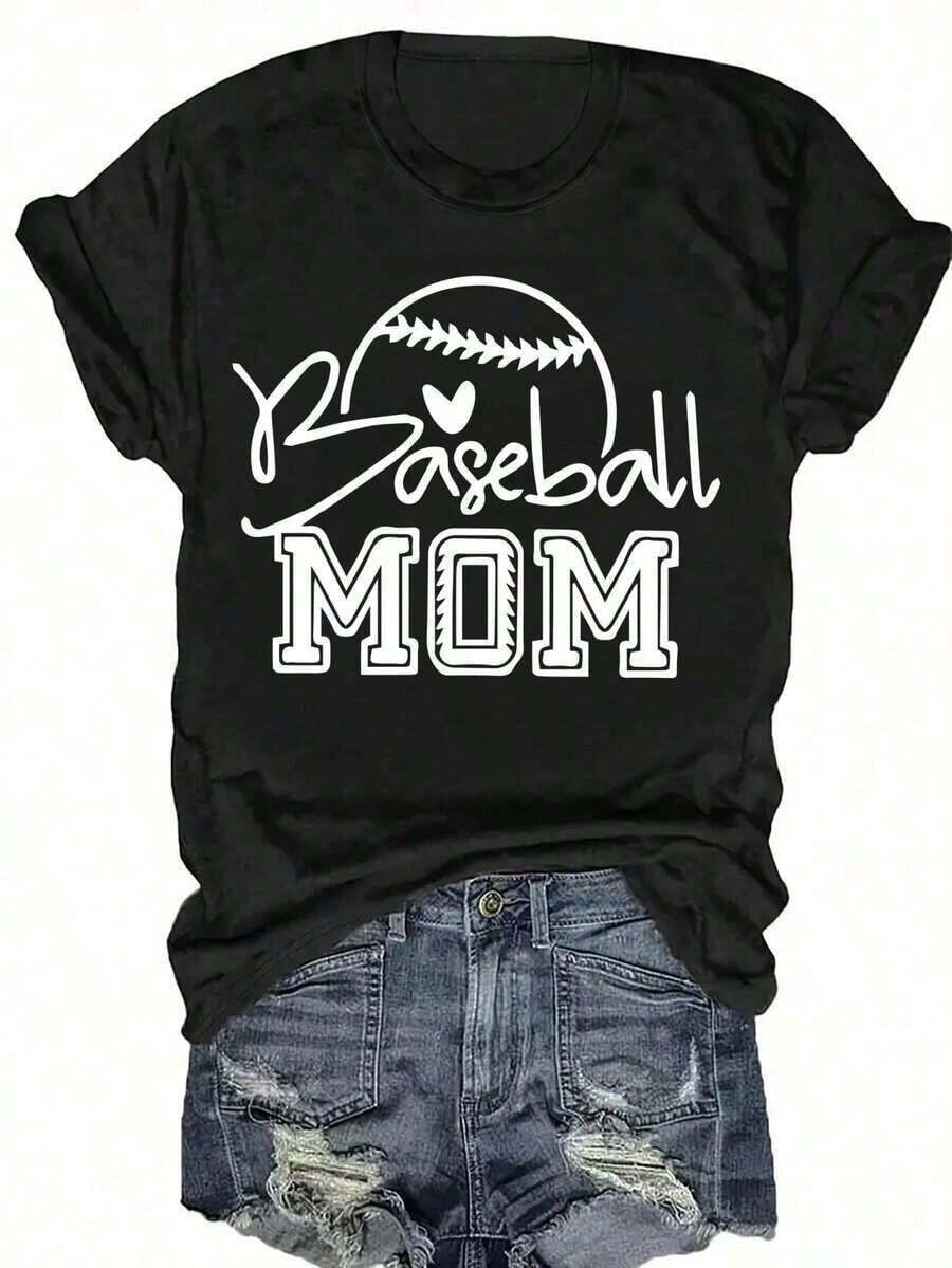 Women's 2026 World Cup T-Shirt, Casual Style With "Baseball Mom" Graphic Design - Black Crew Neck T-Shirt With Baseball And Heart Design, For All Seasons, Casual Wear | Baseball Theme | Durable, Loose And Comfortable Fabric, Printed, Women's Clothing, Summer Blouses For Women. - 黑色 - 查看 1