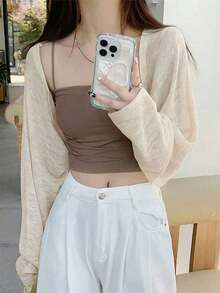 夏の婦人服コーナー：夏の韓国ファッション婦人服、日焼け止めカーディガン、女性の夏の必需品、カジュアルでリラックスした雰囲気のニッチな2026年新作人気商品、着痩せ効果のあるネットセレブ人気商品、婦人用カーディガン、薄手のアウター、トップス、ショール、ベスト、初夏のカバーアップ、女性用薄手のシフォン生地、キャミソールと合わせられるロングスカート（キャミソールは含まれません） - アプリコット - チェックする 3