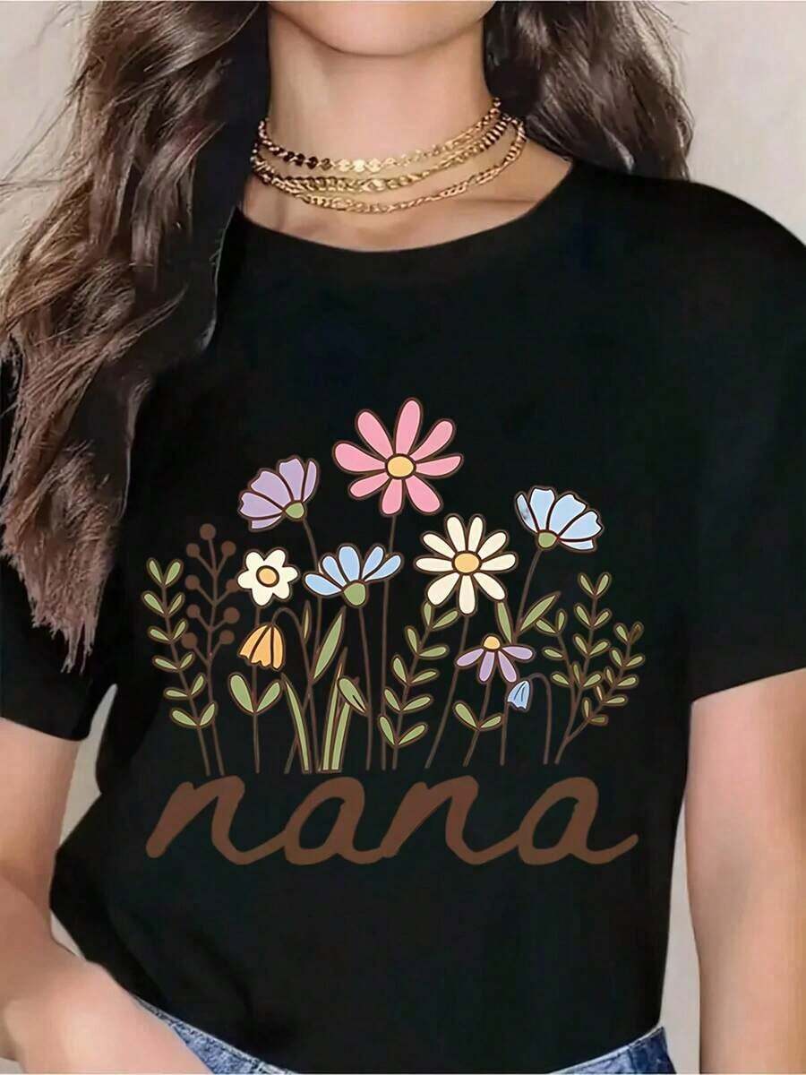 PremiumNana Floral Garden T-Shirt For Grandma - Cute Mother's Day Gift, Women's Casual Summer T-Shirt With Colorful Floral Design, Perfect For Grandma, Mom, Or Grandmother On Special Occasions. Gift Idea. - 黑色 - 查看 1