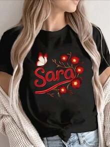 Lightweight, Black, Regular-Fit Short-Sleeved T-Shirt With A Red Floral Name Print, Perfect For Casual Wear At Home Or As A Restaurant Outfit, Showcasing A Stylish And Comfortable Look. Gift Idea - 黑色 - 查看 7