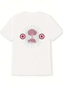 Women's Casual Short Sleeve T-Shirt - Red Tree And Star Circular Print, White Round Neck, Loose Fit, Machine Washable For All Seasons, Casual Wear, Women's T-Shirts, Women's Blouses > Clothing - 白色 - 查看 4