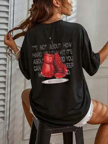 Women's T-Shirt With A Red Boxing Glove Print, Inspiring Strength And Perseverance. Ideal For A Sporty Or Casual Look, It Enhances Your Fighting Spirit With Comfort And Style. Suitable As A Gift. Women's T-Shirt. Blouses > Elegant. Boho Chic. Soft, Breathable, And Comfortable Women's Top, Ideal For Spring, Summer, And Fall, Perfect For Vacations, Travel, And Everyday Wear. - 黑色 - 查看 7