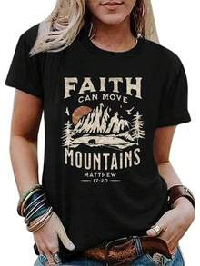 1Piece Fashion Casual For Men And Women Sun And Mountain Shirt For Women Camping Hiking Shirt Pine Tree Graphic Tee Nature Casual Short Sleeve Shirt Versatile, Easy To Match, Suitable For Daily Wear, Urban Style, Holiday Outfits, Weekend Outfits. - 黑色 - 查看 1