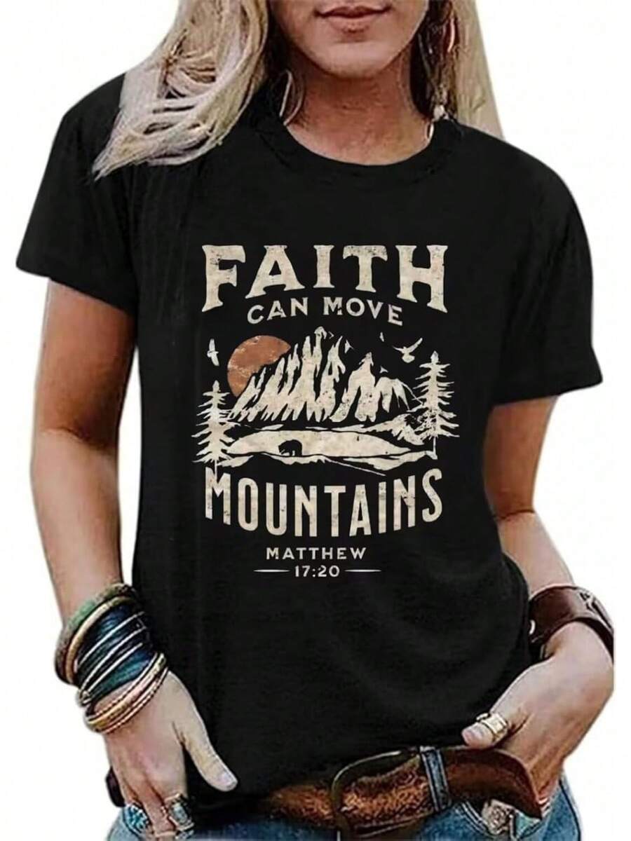 1Piece Fashion Casual For Men And Women Sun And Mountain Shirt For Women Camping Hiking Shirt Pine Tree Graphic Tee Nature Casual Short Sleeve Shirt Versatile, Easy To Match, Suitable For Daily Wear, Urban Style, Holiday Outfits, Weekend Outfits. - 黑色 - 查看 1