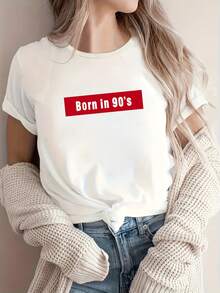 Plus Size Women's Casual Sports T-Shirt With "Born In 90's" Letter Print, Comfortable Fit Short Sleeve T-Shirt, Stylish And Breathable Casual Blouse For Women. - 白色 - 查看 7