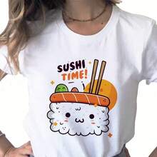 New Women's Summer T-Shirt With Sushi Print, Casual Style, Round Neck, White, Short Sleeve, Women's Clothing - Urban Vintage Style, Unisex, Loose Fit, Cotton, Short Sleeve, Round Neck. - 白色 - 查看 1