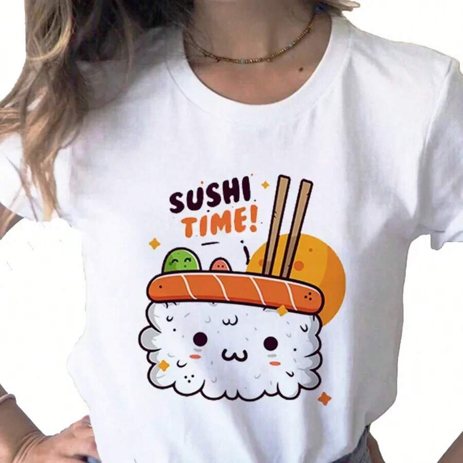 New Women's Summer T-Shirt With Sushi Print, Casual Style, Round Neck, White, Short Sleeve, Women's Clothing - Urban Vintage Style, Unisex, Loose Fit, Cotton, Short Sleeve, Round Neck. - 白色 - 查看 1
