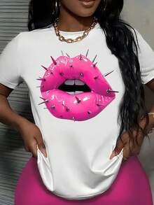Women's T-Shirt With Rock And Roll Style Lips And Steel Nails Print, Round Neck, Short Sleeve, Casual, Summer Clothing - Vintage Urban Style, Unisex, Loose Fit, Cotton, Short Sleeve, Round Neck - 白色 - 查看 1