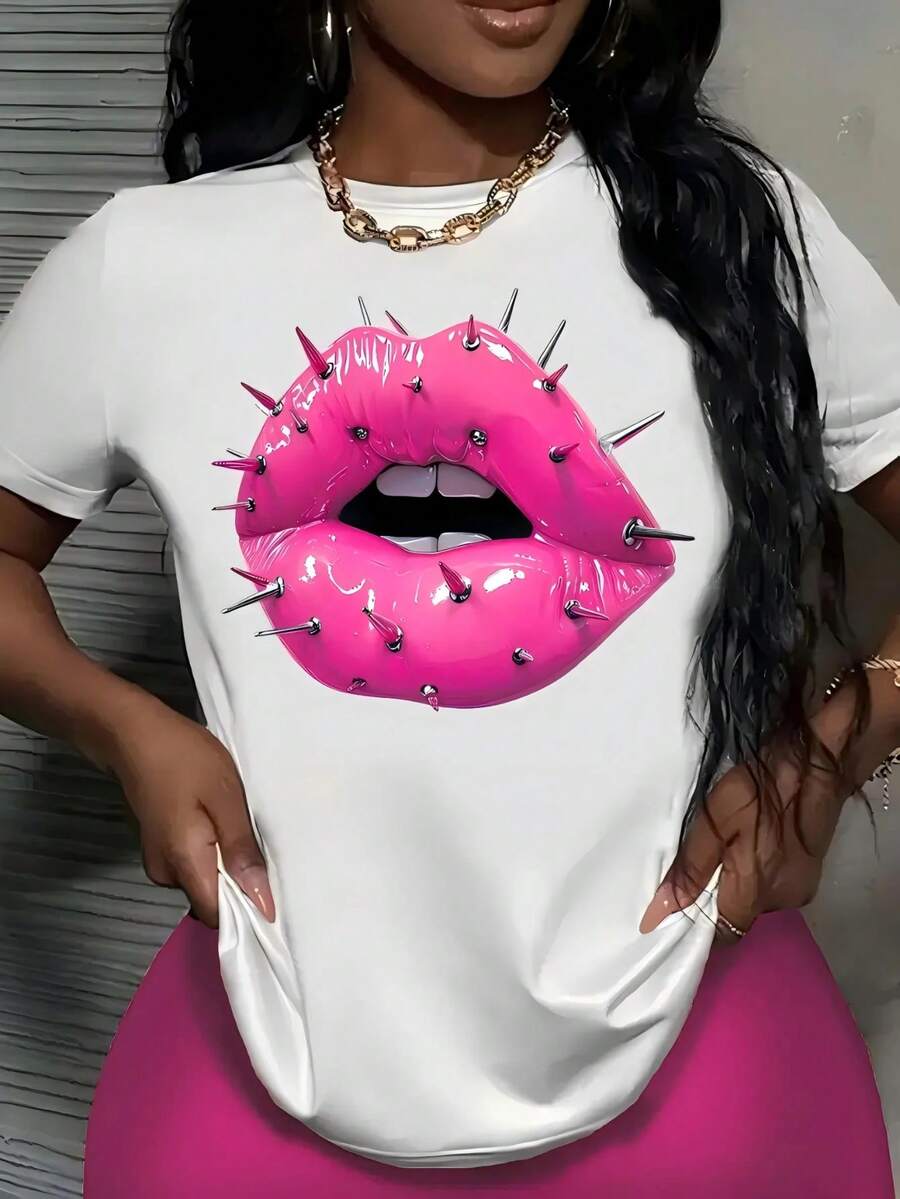 Women's T-Shirt With Rock And Roll Style Lips And Steel Nails Print, Round Neck, Short Sleeve, Casual, Summer Clothing - Vintage Urban Style, Unisex, Loose Fit, Cotton, Short Sleeve, Round Neck - 白色 - 查看 1